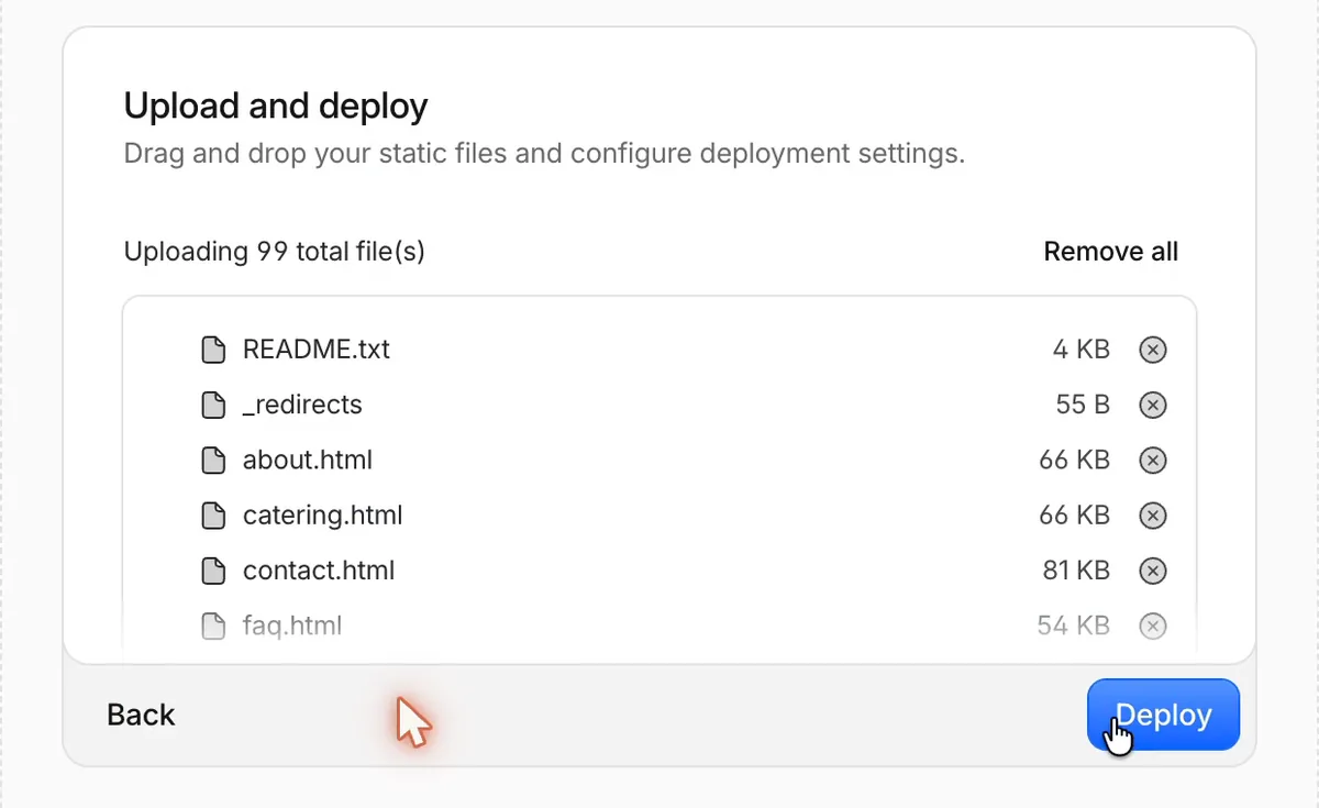 Cloudflare's Upload and deploy screen, uploading 99 files from the saved site: README.txt, _redirects, about.html, catering.html, contact.html and faq.html, with a Deploy button.