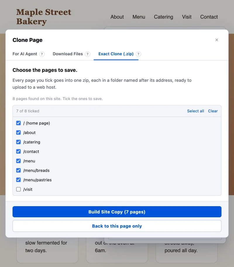 NudgeCSS listing the eight pages it found on a bakery website, each with a tick box. Seven are ticked, and the button reads Build Site Copy, 7 pages.