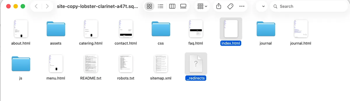 A Finder window of the saved site with two files selected: index.html, and a file named _redirects with no extension, beside it at the top of the folder.