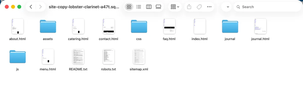 A Finder window showing a saved bakery site: about.html, catering.html, contact.html, faq.html, index.html, journal.html and menu.html, folders named assets, css, journal and js, and README.txt, robots.txt and sitemap.xml.